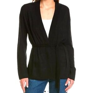 $425 Vince Wool Blend Belted Lightweight Cardigan in Black